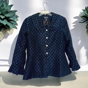 Women’s Blue Button Down Peplum Coat with Rhinestone Embellishments